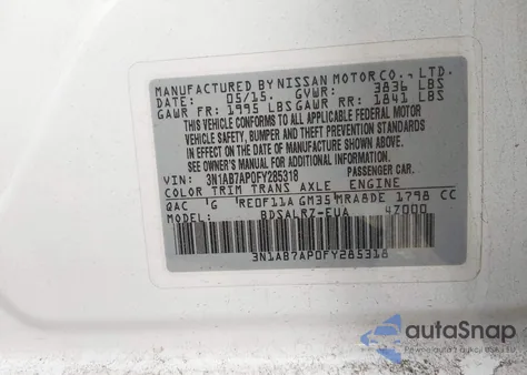 2015 Nissan Sentra Sr z USA, uszkodzony, nr VIN 3N1AB7AP0FY285318